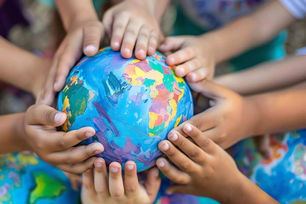 Kids holding a painted globe