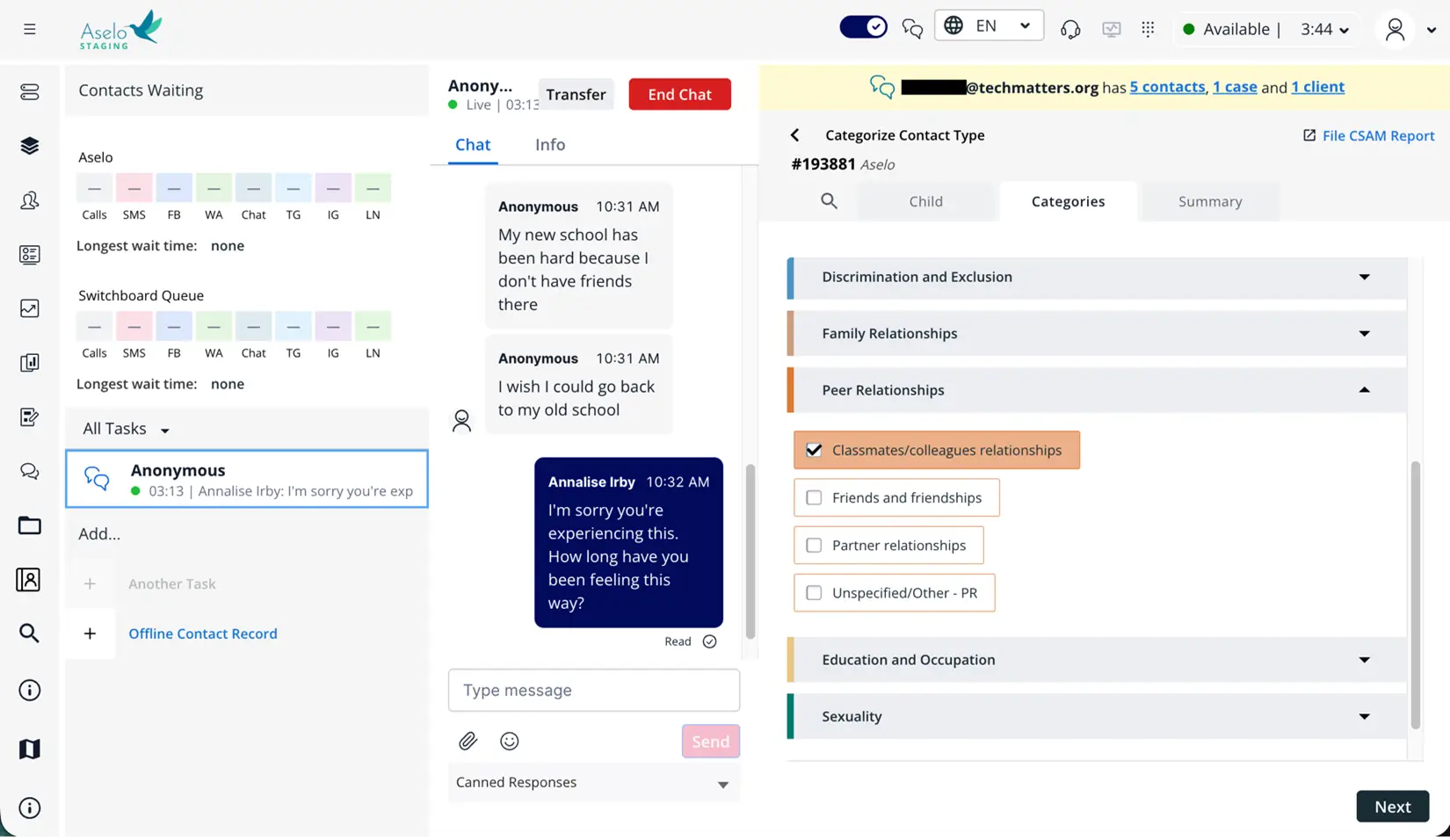 Example of the issue categorization interface in Aselo
